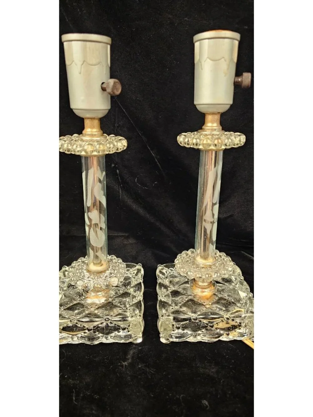 Vintage Pair Of Berwick Crystal Table Lamps With Etched Glass Columns & Candlewi